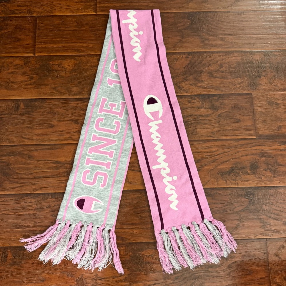 Champion Pink Gray Reversible Knit Scarf Since 1919 Logo Fringe Tassel Accessory
